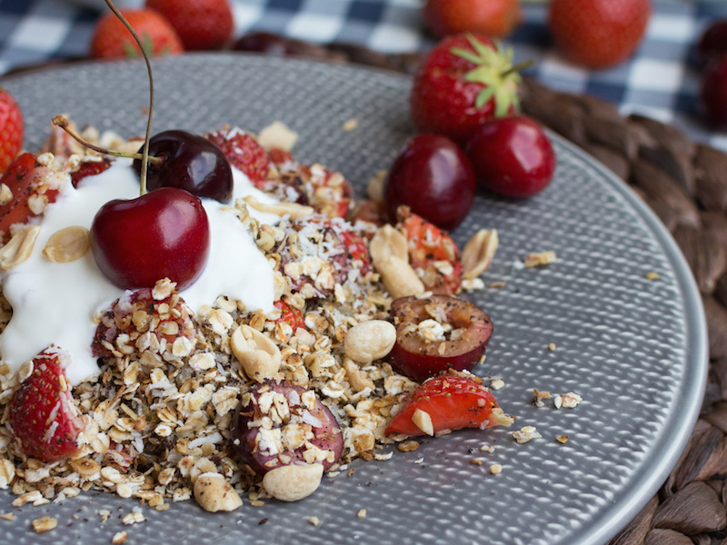 Granola with
                            cherries and strawberries